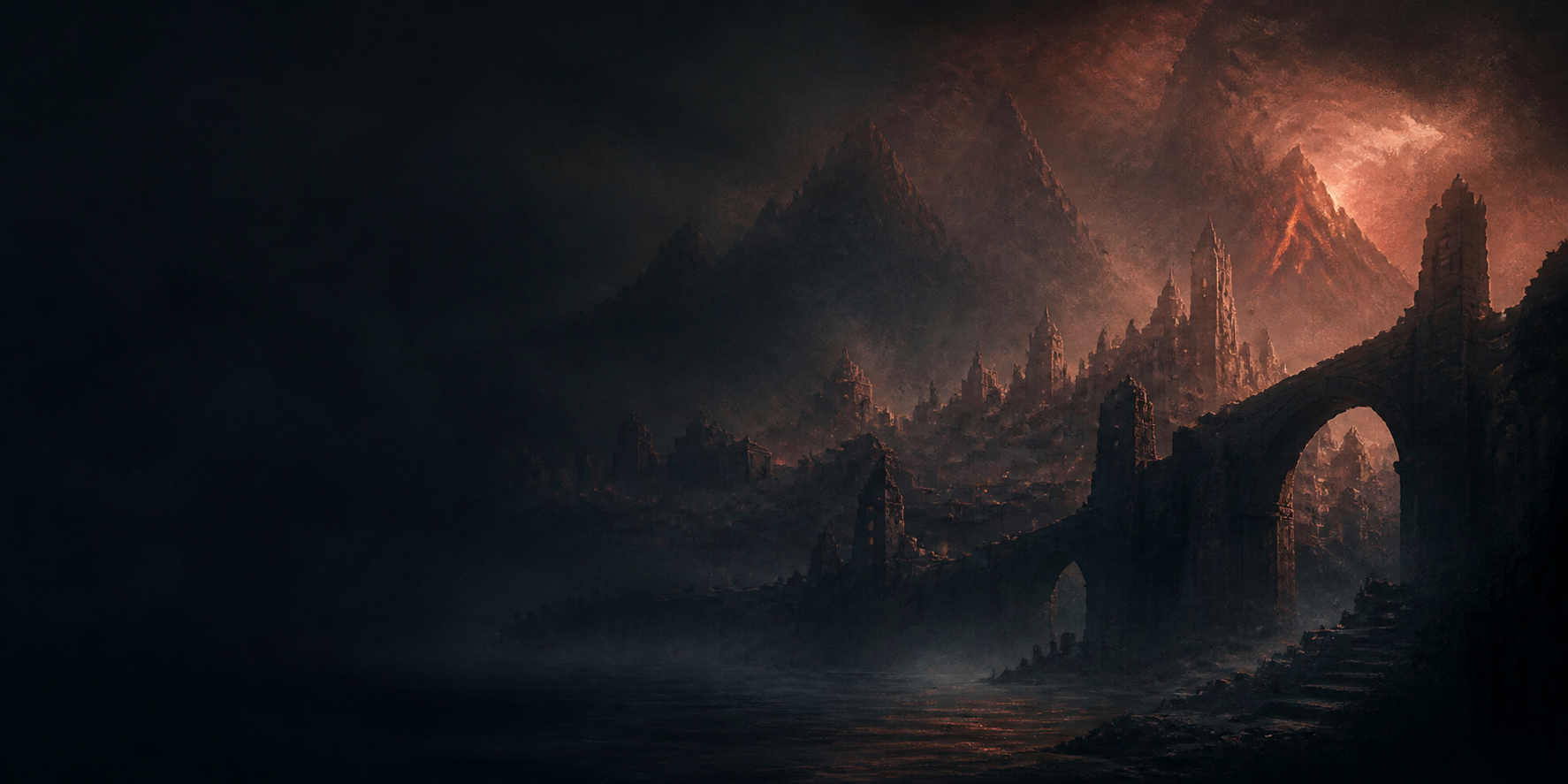 A forgotten medieval city beneath distant mountains